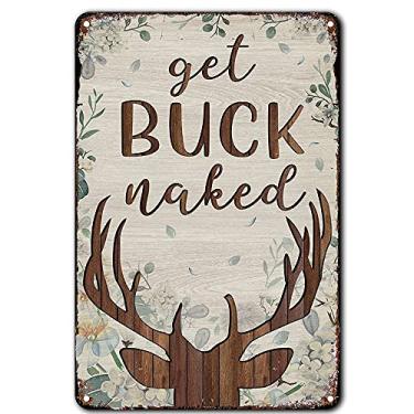 Imagem de KIOZIY Sinais de lata para decoração de casa - veado floral Get Buck Naked - Placa de metal em estanho para decoração de casa cozinha restaurante parede placa de decoração de casa 20 x 30 cm