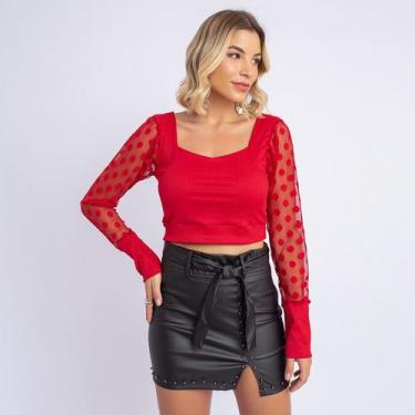 Imagem de Cropped Blusinha Manga Comprida Bufante Tule Poa Bolinha - Swisz, Verm