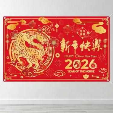 Imagem de Painel de Fundo para o Ano Novo Chinês 2026, 180x110cm Ano Novo Lunar Cavalo para Decoração Festas Tradicionais do Festival da Primavera e Adereços Cabine Fotos