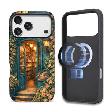 Imagem de ZHEGAILIAN Capa compatível com iPhone 17 Pro, capa de telefone com design de arte de parede de porta de livraria vintage, [compatível com MagSafe], capa rígida híbrida de 2 camadas para meninas