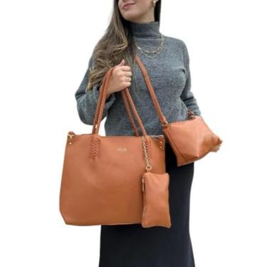 Imagem de Kit 3 Bolsas Femininas Estilo Tote Couro Sintético Caramelo Alça Trançada Necessaire Bag Transversal Moderna Elegante
