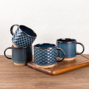 Imagem de GBhome Canecas de café empilháveis de 425 g, canecas de café de cerâmica com padrões de textura para homem, mulher, pai, mãe, conjunto de 4 canecas de café modernas para latte/cappuccino/cacau. Seguro