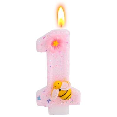 Imagem de Vela de Aniversário de 1 Ano, Vela Número 1 com Flor Rosa Brilhante e Abelha Decoração Fofa para Bolo Aniversário Mulheres e Meninas