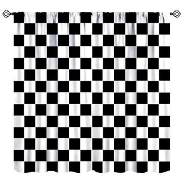 Imagem de SENQIAN Cortinas de carro de corrida para meninos decoração de quarto de carro de corrida tema de jogo de carro de corrida bandeira quadriculada bolso haste blackout tratamentos de janela cortinas
