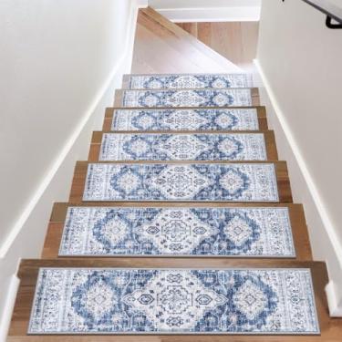 Imagem de Passos de escada antiderrapantes azul/cinza para degraus de madeira 76.2 cm x 20.3 cm corredor de escada interior tapete de borracha macio tapetes de escada escada capas para crianças e cães