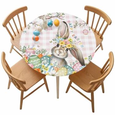 Imagem de Singingin Toalha de mesa redonda Happy Easter com borda elástica, ovos coloridos de coelho, árvore floral, rosa, xadrez, impermeável, à prova de óleo, para festas, piqueniques, mesas redondas de 114 a