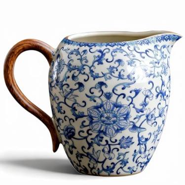 Imagem de Jarra pequena com alça, jarro de porcelana floral azul e branco de 241 g para dispensador de chá, café, leite, molhos, salada, decoração elegante de mesa central