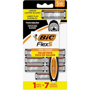 Imagem de BIC Lâminas de barbear Flex 5 recarregáveis para homens, 5 lâminas de longa duração para um barbear suave e confortável, 1 alça e 7 cartuchos, kit de barbear de 8 peças
