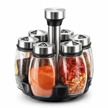 Imagem de Porta Condimentos Giratório com 6 Frascos de Vidro e Suporte em Inox, Porta Temperos de Mesa para Cozinha, Acabamento Moderno, Alta Durabilidade