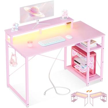 Imagem de MOTPK Mesa de jogos rosa com luzes LED e tomada, pequena mesa de computador para jogos de 101 cm com prateleiras, mesa reversível para jogadores com suporte ajustável para monitor e gancho para fone