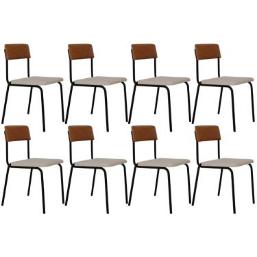 Imagem de Kit 08 Cadeiras Estofada Para Sala de Jantar Sense Preto C01 Linho Palha Courino Caramelo - Lyam Decor