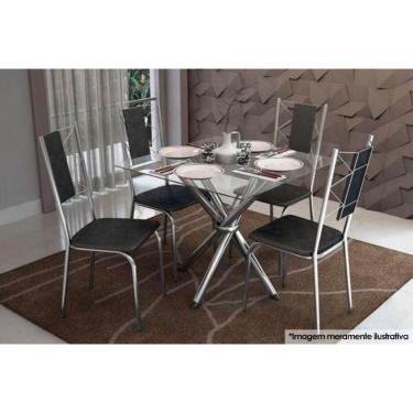 Imagem de Kit Mesa Volga C- Tampo Vidro 90cm + 4 Cadeiras Lisboa Cromado Courano Preto