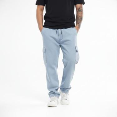 Imagem de Calça cargo jeans larga bolsos lateral - Mitchelgutto, Jeans claro, M