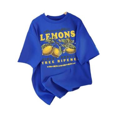 Imagem de Camiseta Feminina Solta De Algodão Com Estampa De Limão, Gola Redonda,