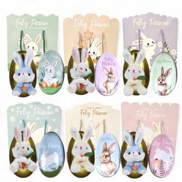 Imagem de Kit Páscoa 6 Ovos de Metal + 6 Coelhos Pelúcia + 6 Sacolas - LW Gifts 