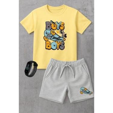 Imagem de Kit Conjunto Infantil Moletinho Camiseta e Short Moda Verão Skate Street Brooklyn com Relógio-Unissex
