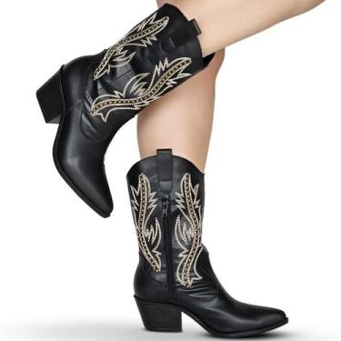 Imagem de Bota Country Cano Curto Preta Com Metais Salto 6 Texana Cor:PretoTaman