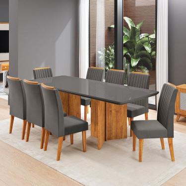 Imagem de Conjunto Sala de Jantar 8 Lugares Retangular Tampo de Vidro Mdf Holden Mel/Grafite/Cinza