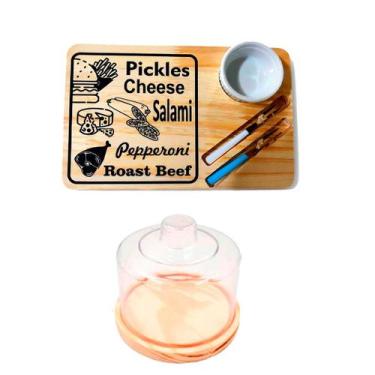 Imagem de KIT 2Pçs Tábua de Madeira Natural com Pote e Garfinhos e Queijeira 10x