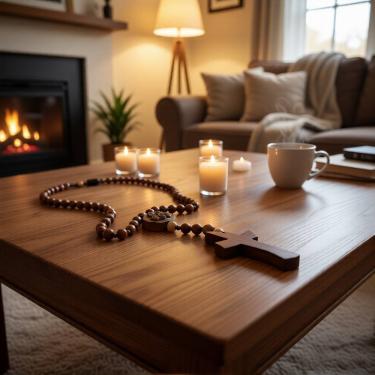 Imagem de Decoração Colar De Mesa Cruz Rosário Madeira Enfeite Moderno