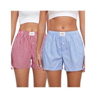 Imagem de Shorts boxer xadrez femininos de algodão da Pijama Bottoms xadrez xadr