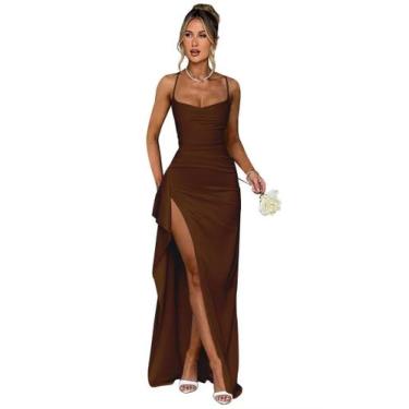 Imagem de Vestido de baile Woyiam Mermaid marrom de cetim com fenda na gola