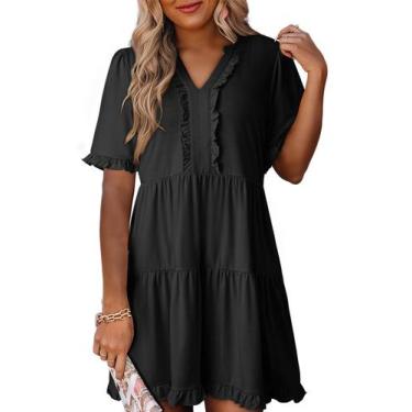 Imagem de Vestido casual Dokotoo Primavera Verão com decote em V A Line Preto Pl