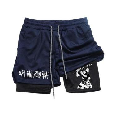 Imagem de Shorts De Corrida Masculinos 2 Em 1 Em Malha Com Estampa De Anime, Cal