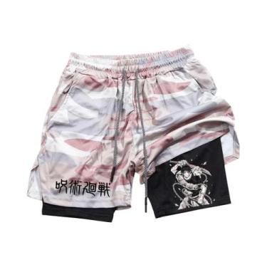 Imagem de Shorts De Corrida Masculinos 2 Em 1 Em Malha Com Estampa De Anime, Cal