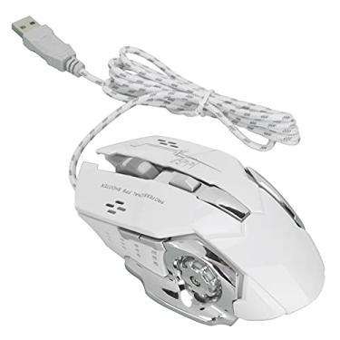 Imagem de Mouse para jogos com fio, design de concha inferior de metal Mouse USB de 6 botões resistente e durável Polegar integrado para operar o botão Plug and Play para casa para o escritório(Branco)