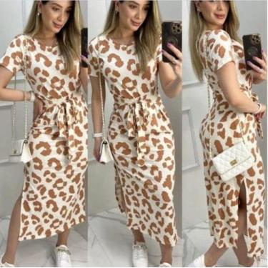 Imagem de Vestido Feminino Midi Animal Print Amarração na Cintura Fenda Lateral 