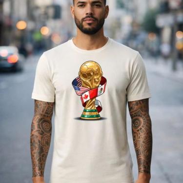 Imagem de Camiseta Masculina Troféu Mundial Futebol Bandeiras EUA Canadá México 