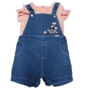 Imagem de Macacão Jardineira Jeans Bordado Bebê Menina Paraiso 13912, M ( 6 - 9 