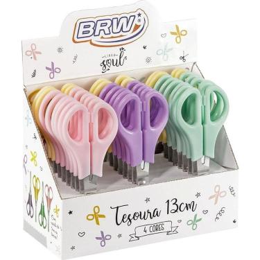 Imagem de Tesoura Escolar BRW Aço Inoxidável 13cm com Régua 4 Cores Ponta Arredondada Display com 24