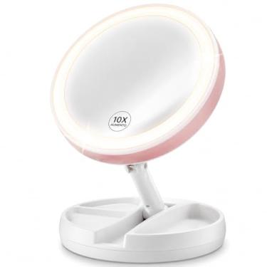 Imagem de Espelho LED Articulável com Ring Light e Aumento 10x - Espelho de Maquiagem Dupla Face, Portátil e Dobrável para Bancada
