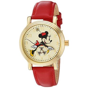 Imagem de Disney Relógio feminino vintage de liga dourada Minnie Mouse, pulseira de couro vermelha, W002767