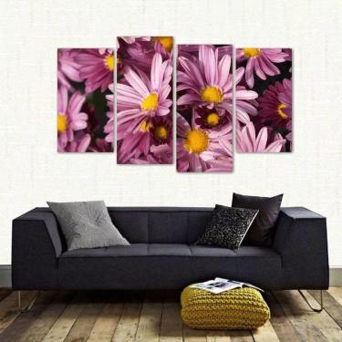 Imagem de Quadro Decorativo Flores Rosas Sala Em Tecido 4 Peças 