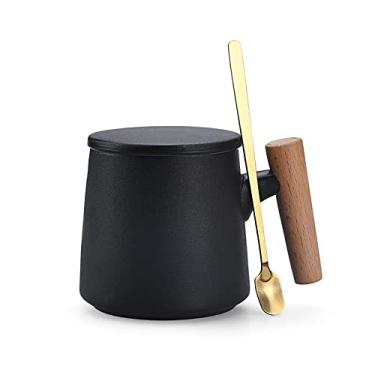 Imagem de Canecas de café de cerâmica, canecas, copos de chá de escritório e casa, grande capacidade de 400 ml com tampa e colher de café, aniversário presentes de casa quente para casa nova, vem com caixa de presente (preto)