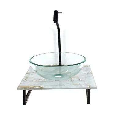 Imagem de KIT CUBA DE VIDRO REDONDA 10MM INCOLOR COM TAMPO DE VIDRO 40CM X 40CM MÁRMORE BRANCO DOURADO E SUPORTE PRETO