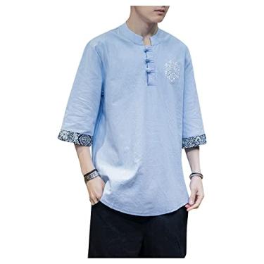 Imagem de UNeedVog Camiseta masculina de verão camiseta de algodão bordado gola alta casual manga curta, Azul claro, X-Large