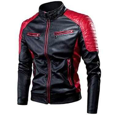 Imagem de Jaqueta masculina de couro para motocicleta com zíper jaqueta impermeável PU à prova de vento vintage para outono e inverno casaco PU leve, vermelho, G (170
