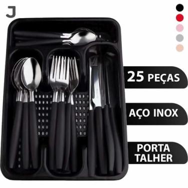 Imagem de Faqueiro Inox Jogo Talheres Com Porta Talher Organizador De Gaveta 25P