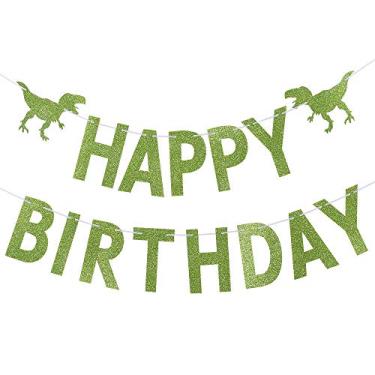 Imagem de Banner de feliz aniversário de dinossauro com glitter verde, faixa de dinossauro de feliz aniversário para decorações de festa com tema de dinossauro infantil