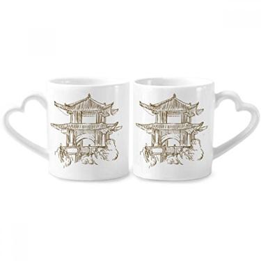 Imagem de Conjunto de canecas de porcelana para casais com desenho de madeira para marco da China com alça de coração