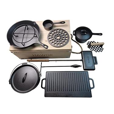 Imagem de HAWOK Conjunto de cozinha de ferro fundido pré-temperado para acampamento com caixa de armazenamento