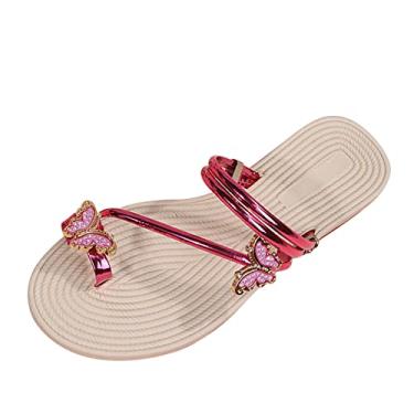 Imagem de Sandália feminina moda verão borboleta capa dedo do pé palha inferior sandálias de praia planas sapatos femininos sandálias de salto (rosa choque, 9)