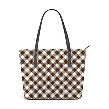 Imagem de Bolsa de ombro feminina sacola de couro para compras grande trabalho, marrom, xadrez, decoração sem costura, bolsa casual