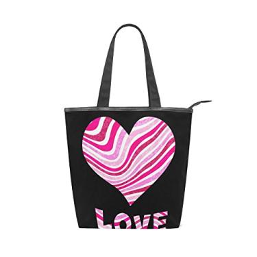 Imagem de Bolsa feminina de lona durável para dia dos namorados coração rosa amor grande capacidade sacola de compras bolsa de ombro