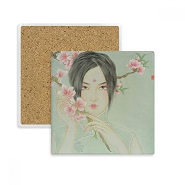 Imagem de Porta-copos quadrado de aquarela chinesa de flor de pêssego com pedra isolante