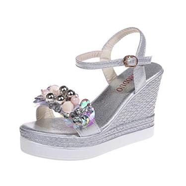Imagem de Sandálias femininas plataforma sandálias de salto alto floral sapatos plataformas cristal moda cunhas femininas (prata, 38)
